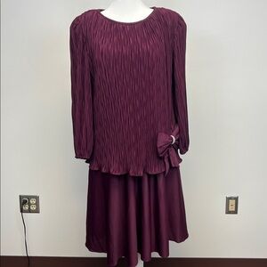 David Rose 80s Burgundy Dress with Shoulder Pads, Pleats and Bow Detail Size 14